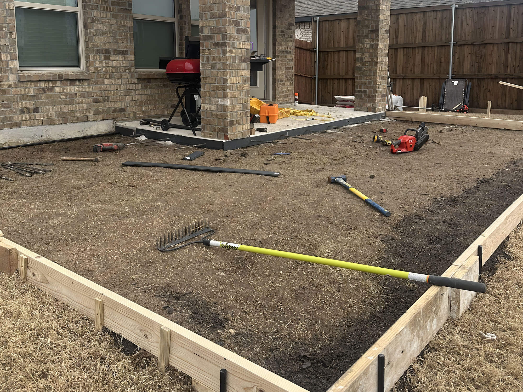 Reinforcement in place: Rebar added to the patio frame for lasting strength.